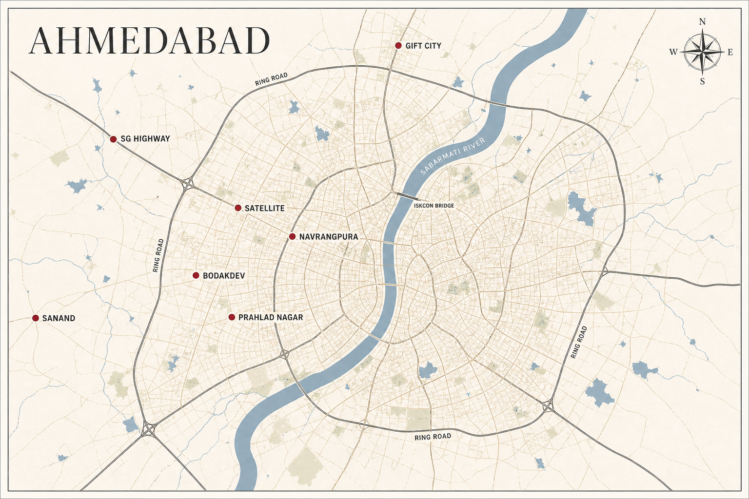 Ahmedabad corporate mobility hotspots: GIFT City, SG Highway, Bodakdev, Prahlad Nagar, Sanand, Navrangpura, Satellite