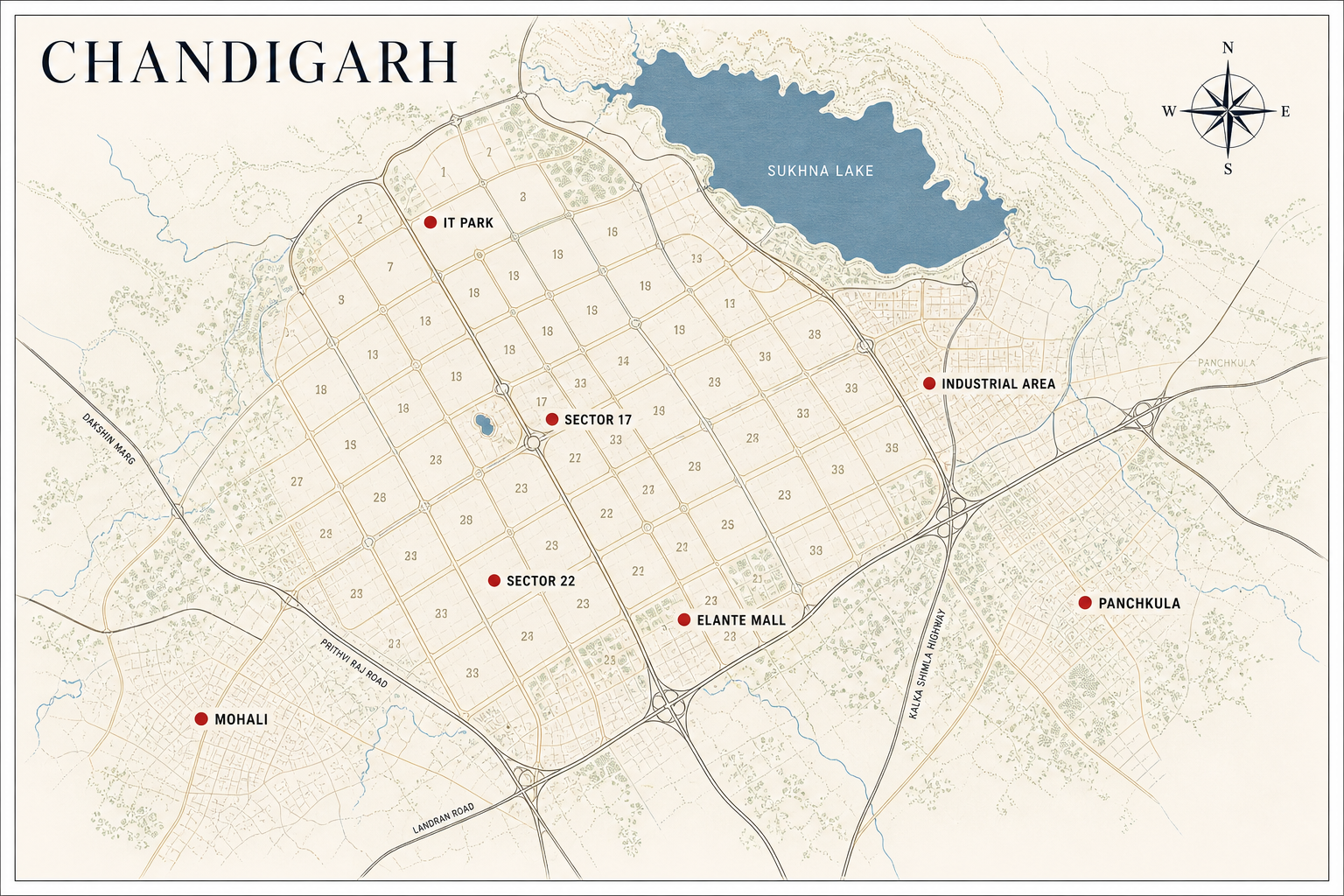 Chandigarh corporate mobility hotspots: IT Park, Sector 17, Mohali, Panchkula, Industrial Area, Elante Mall, Sector 22