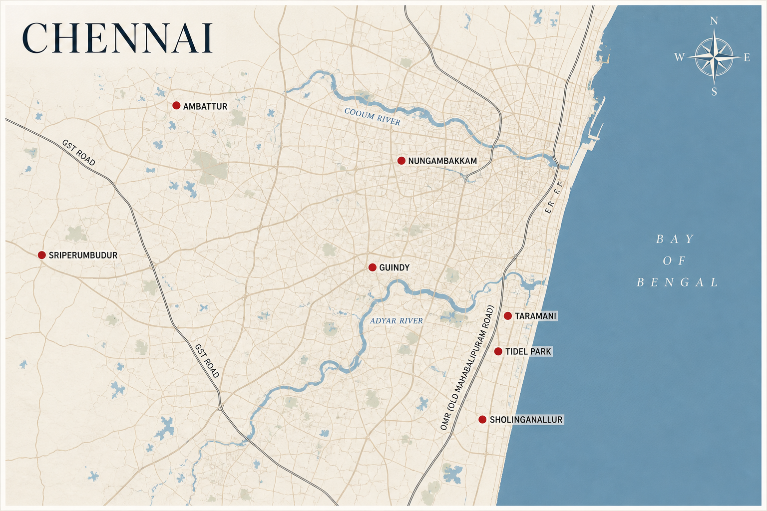 Chennai corporate mobility hotspots: Sholinganallur, Tidel Park, Taramani, Nungambakkam, Ambattur, Sriperumbudur, Guindy
