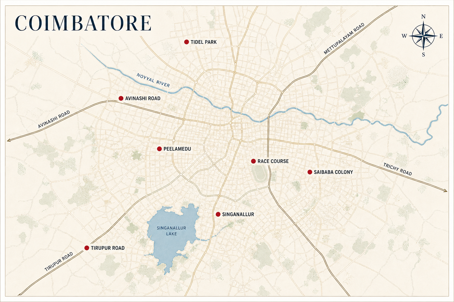 Coimbatore corporate mobility hotspots: Tidel Park, Avinashi Road, Singanallur, Peelamedu, Race Course, Saibaba Colony, Tirupur Road