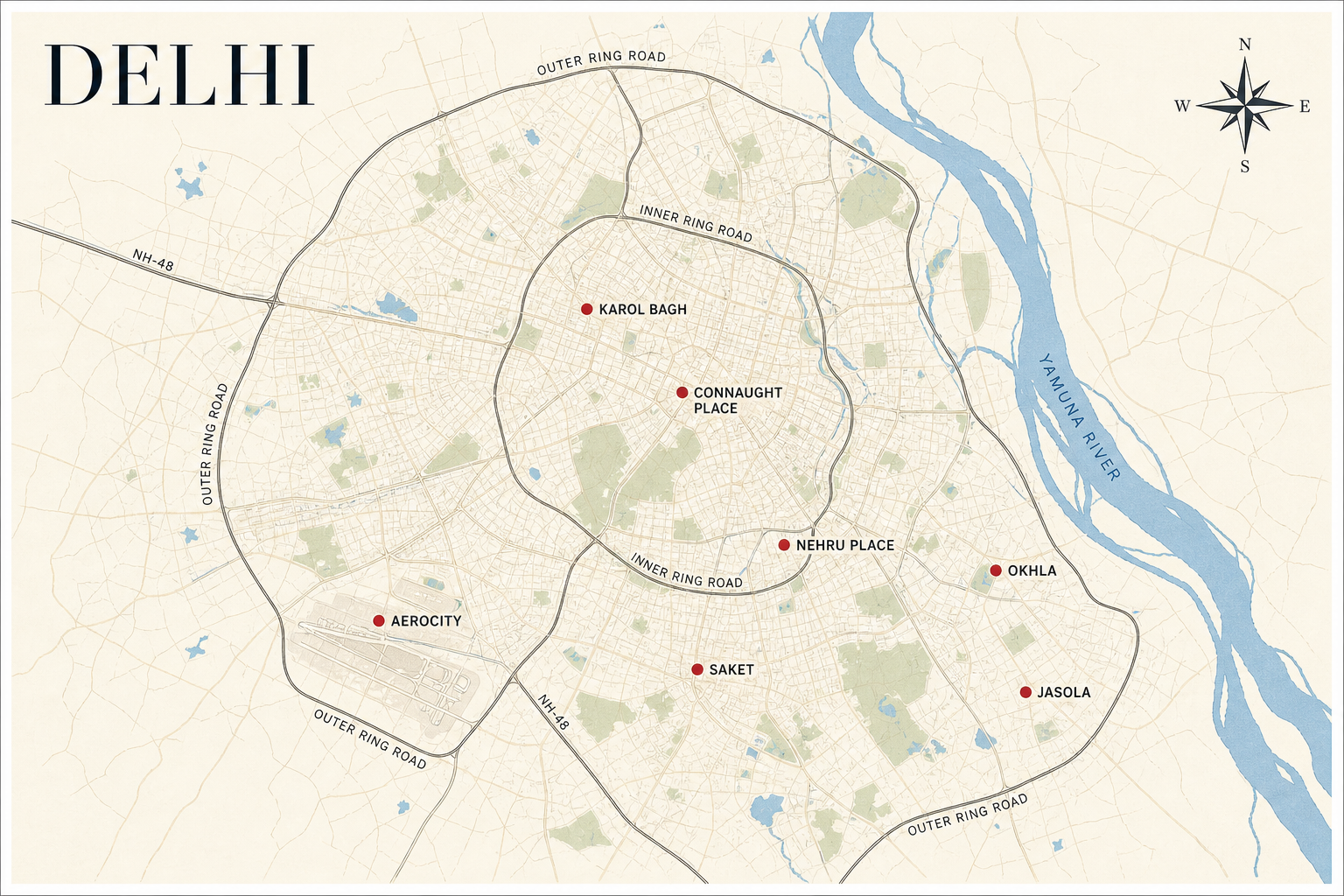 Delhi corporate mobility hotspots: Connaught Place, Nehru Place, Aerocity, Saket, Okhla, Jasola, Karol Bagh
