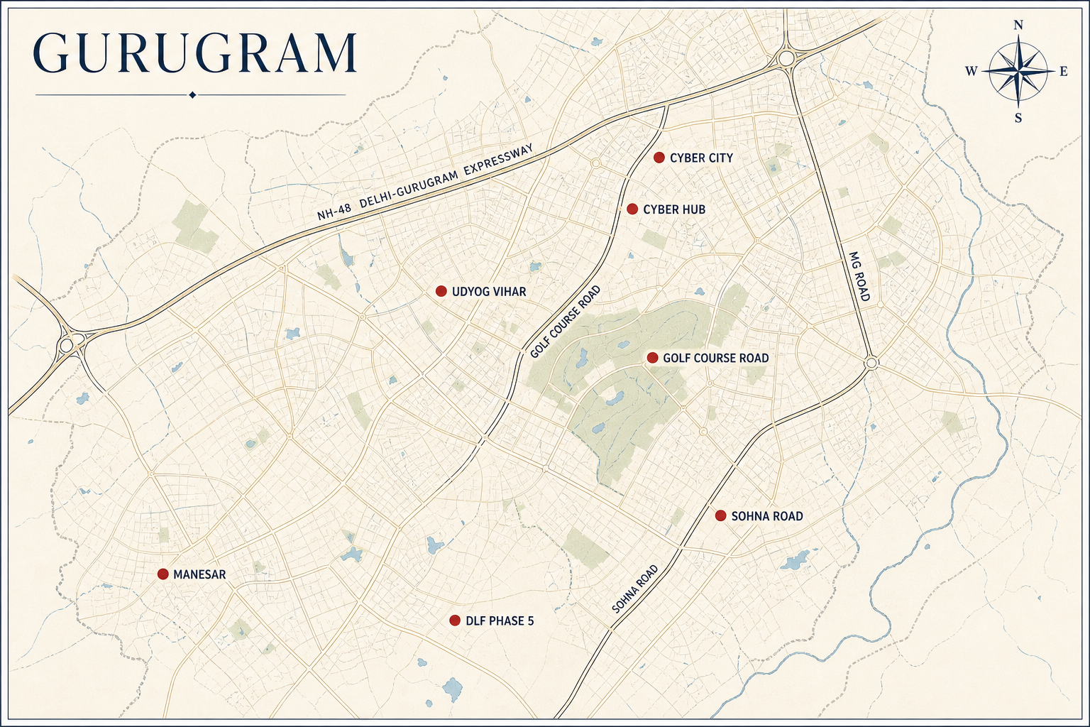 Gurugram corporate mobility hotspots: Cyber City, Cyber Hub, Udyog Vihar, Golf Course Road, Sohna Road, Manesar, DLF Phase 5