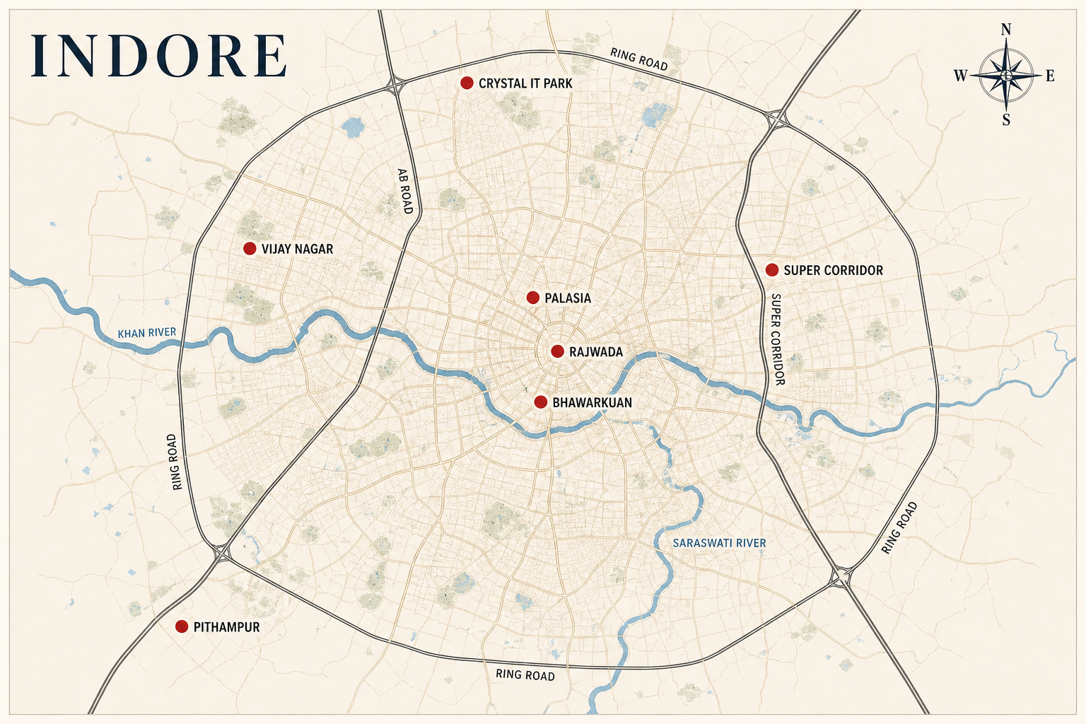 Indore corporate mobility hotspots: Crystal IT Park, Vijay Nagar, Super Corridor, Pithampur, Palasia, Rajwada, Bhawarkuan