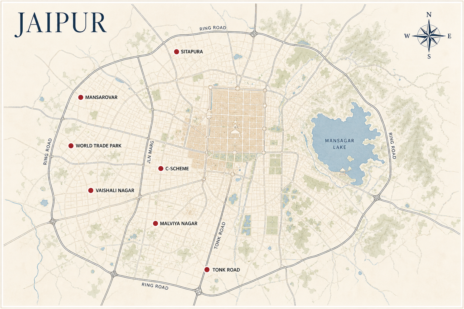 Jaipur corporate mobility hotspots: Tonk Road, Malviya Nagar, Sitapura, Mansarovar, World Trade Park, C-Scheme, Vaishali Nagar