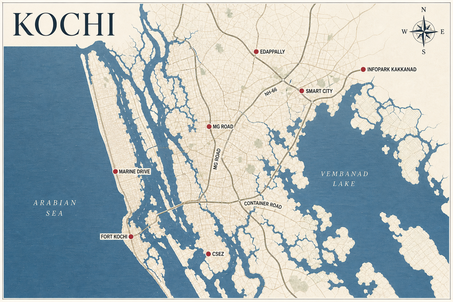 Kochi corporate mobility hotspots: Infopark Kakkanad, Smart City, MG Road, Marine Drive, CSEZ, Fort Kochi, Edappally