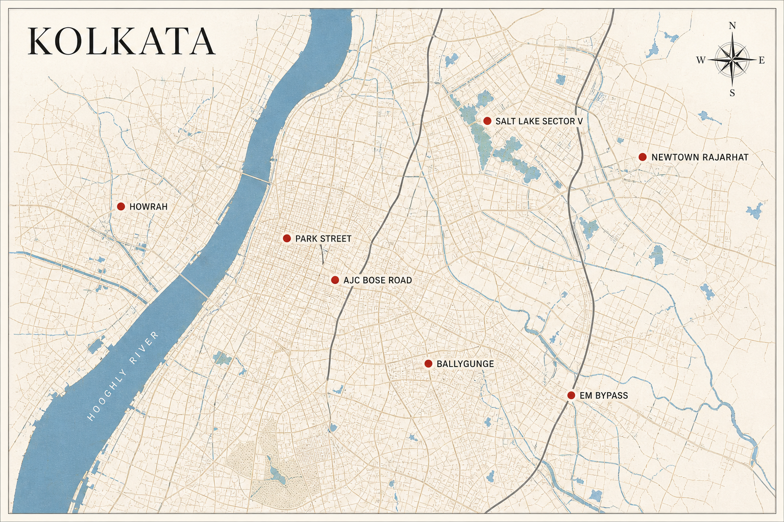 Kolkata corporate mobility hotspots: Salt Lake Sector V, Newtown Rajarhat, Park Street, AJC Bose Road, Howrah, Ballygunge, EM Bypass