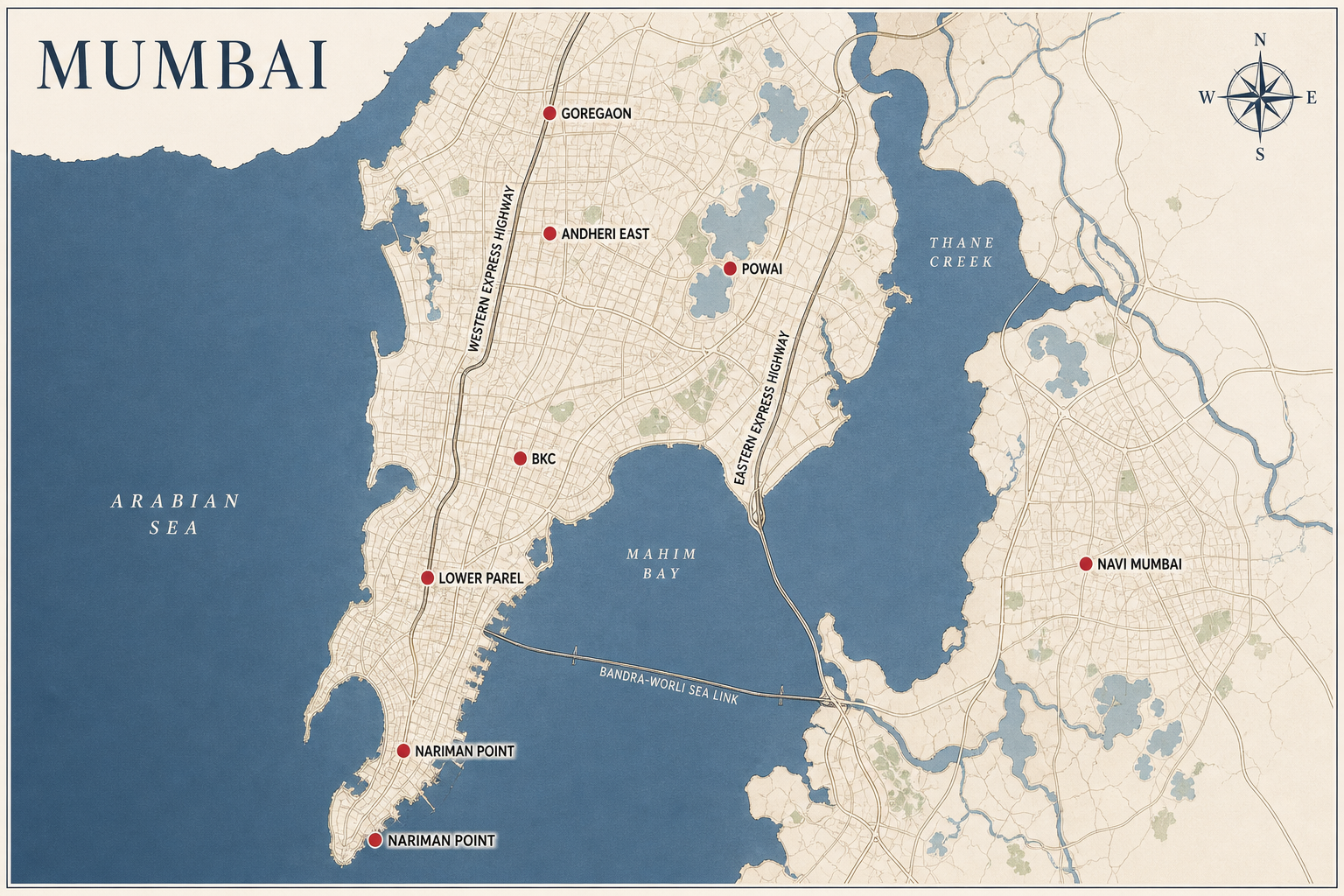 Mumbai corporate mobility hotspots: BKC, Lower Parel, Nariman Point, Andheri East, Powai, Goregaon, Navi Mumbai