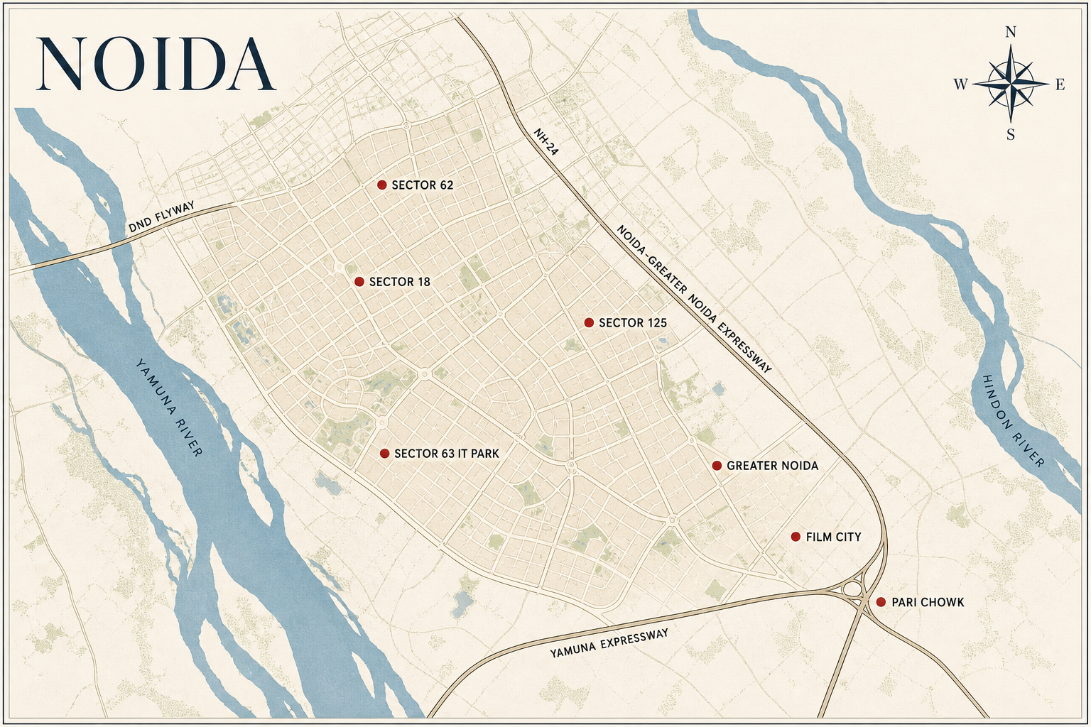 Noida corporate mobility hotspots: Sector 62, Sector 18, Sector 125, Sector 63 IT Park, Greater Noida, Film City, Pari Chowk
