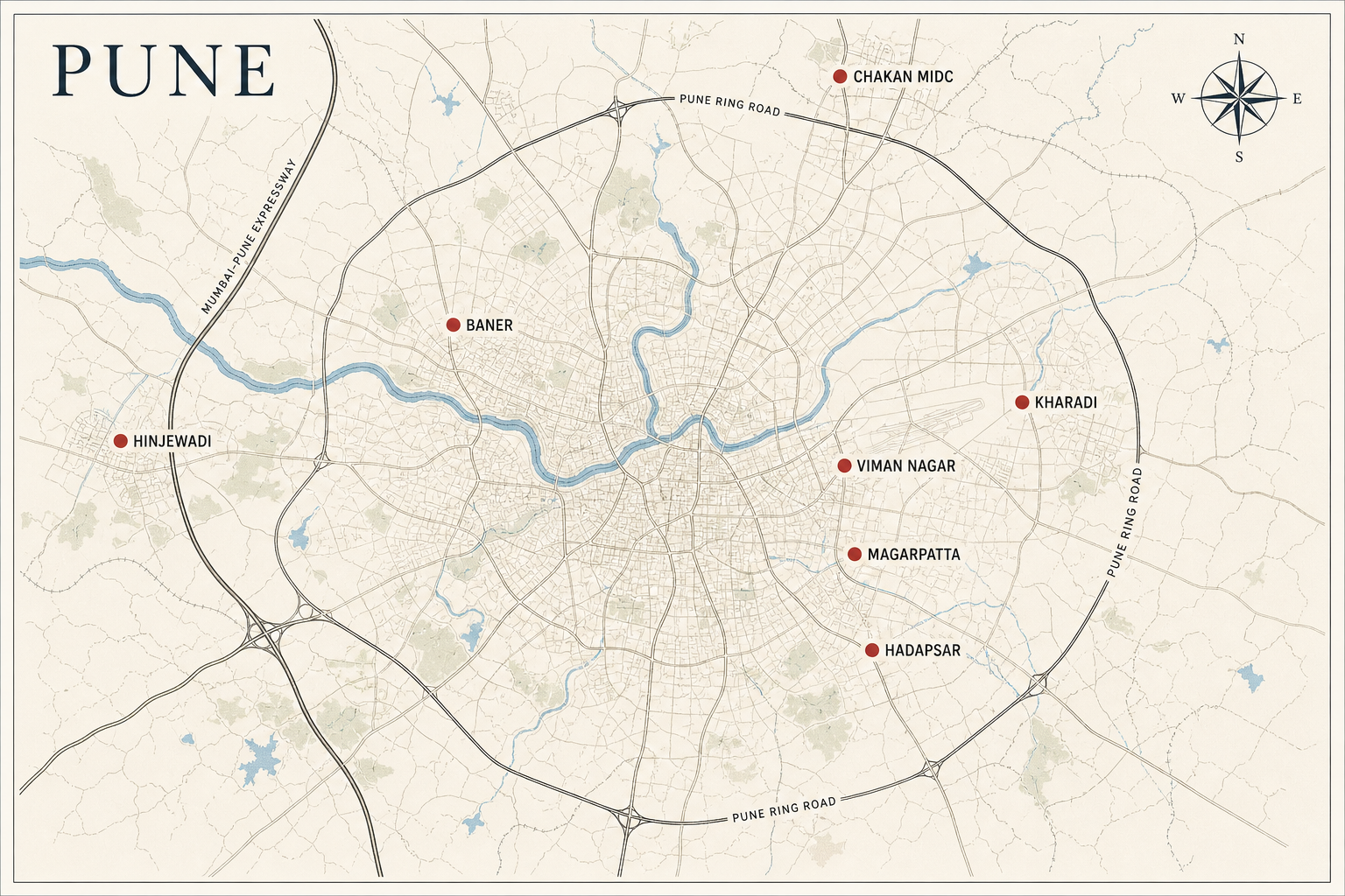 Pune corporate mobility hotspots: Hinjewadi, Kharadi, Magarpatta, Baner, Viman Nagar, Chakan MIDC, Hadapsar