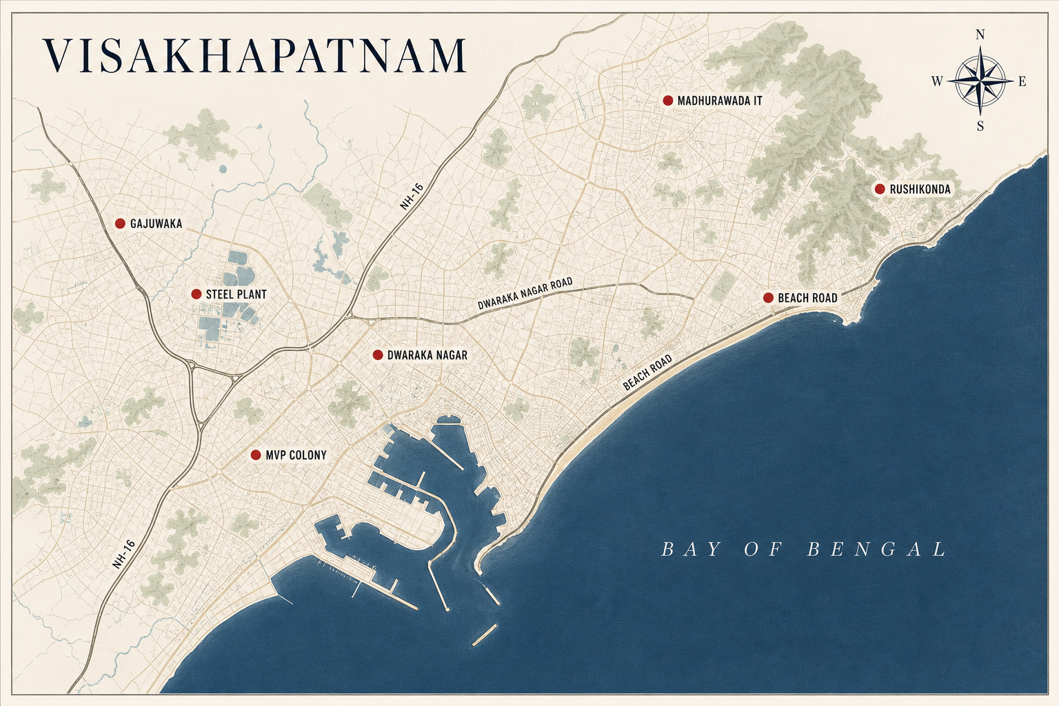 Visakhapatnam corporate mobility hotspots: Madhurawada IT, Rushikonda, Beach Road, Gajuwaka, Steel Plant, Dwaraka Nagar, MVP Colony